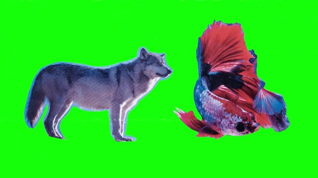 Wolf and Betta Fish. Wild wolf head paired with flowing fins of red siamese fighting betta fish, forest hunter and aquatic swimmer contrast