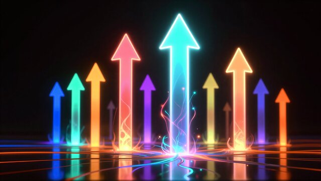 Vibrant neon arrows rise upward, symbolizing growth and progress in a glowing digital landscape.