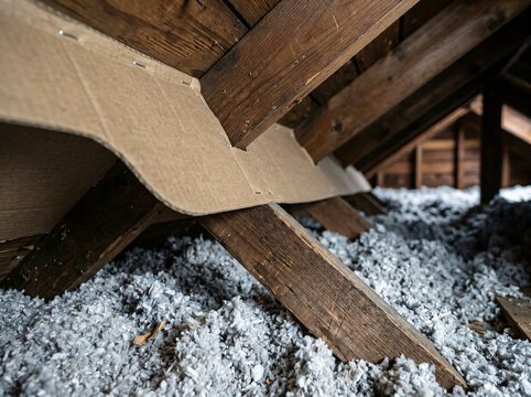 Attic insulation baffles installation | blown-in cellulose insulation in attic | residential roof ventilation system | energy efficiency home improvement | attic rafter vents and insulation