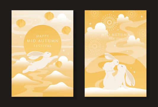 Mid-Autumn Festival vector poster set with rabbits, full moon, layered clouds and golden cream landscape for elegant Asian holiday greeting cards.