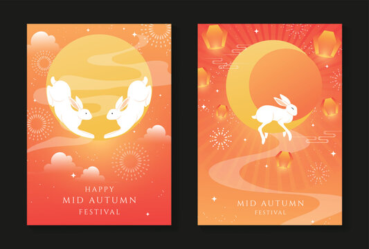 Mid-Autumn Festival vector poster set with moon rabbits, lanterns and clouds in vivid orange and red colors for festive Asian holiday cards.