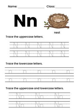 Educational worksheet for children to practice writing and tracing uppercase and lowercase letter N. Printable handwriting practice activity page designed for preschool, kindergarten, and early elemen