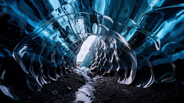 Breathtaking Ice Cave with Glowing Deep Blue Glacial Ice, Crystal Formations, and Flowing Stream Toward the Light Exit
