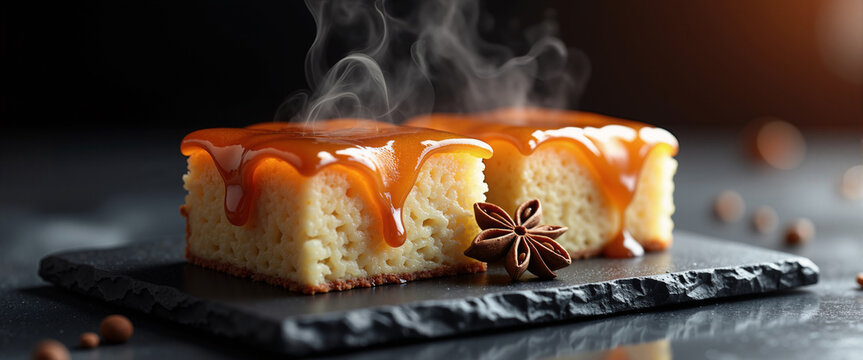 Steaming persimmon pudding cake with honey glaze for winter dessert blogs, bakery websites, and holiday culinary photography
