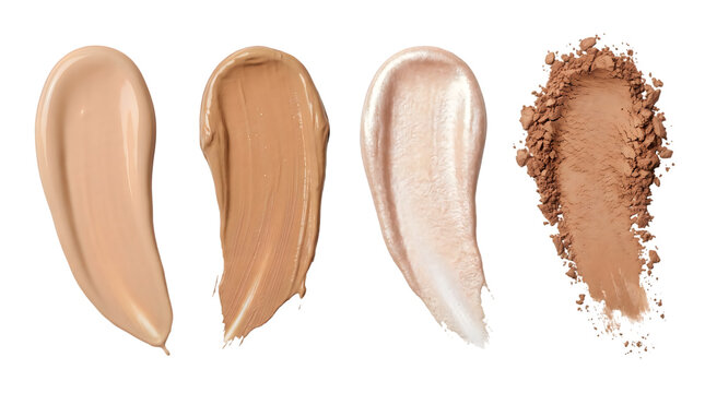 Liquid foundation smudges and powder bronzer swatch, cosmetic cream texture samples, makeup product swatches for beauty advertising isolated PNG with Transparent Background