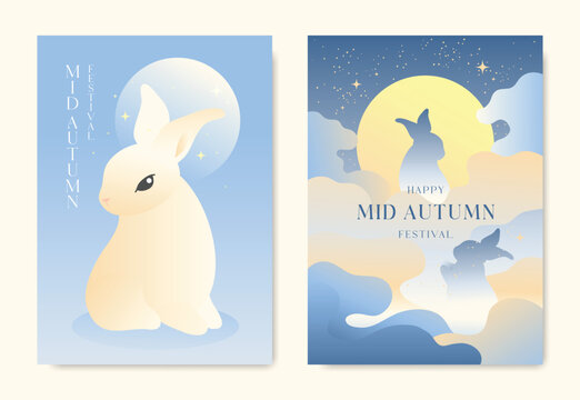 Mid-Autumn Festival vector poster set with cute rabbit, full moon, clouds and blue mountain landscape in soft pastel colors for Asian holiday cards.