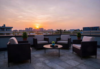 Obraz premium Work-life balance and corporate relaxation, rooftop terrace lounge with comfortable seating overlooking a city skyline at sunset for evening networking