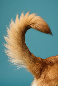 Pet care and animal behavior, golden dog tail wagging with happiness and excitement on a solid blue background for veterinary and domestic lifestyle
