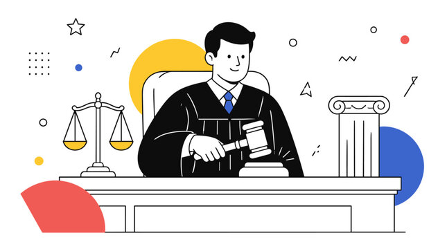 Professional magistrate presiding over a courtroom session with gavel and scales.