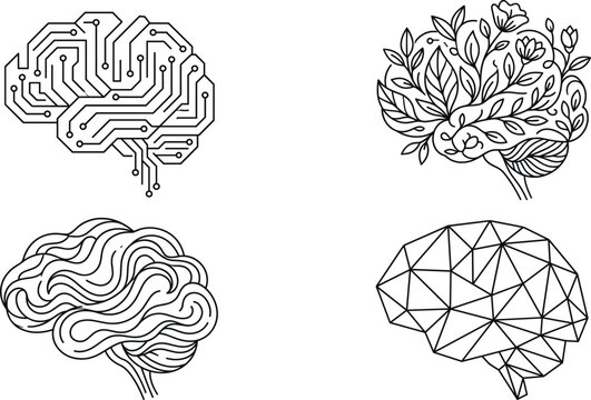 Human brain concept vector icon set with technology circuit digital floral organic low poly geometric line art elements