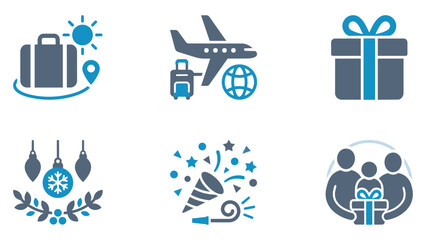 Celebration and travel icons set including suitcase airplane globe gift christmas ornaments and party horn with celebration vacation suitcase © Cute Vector