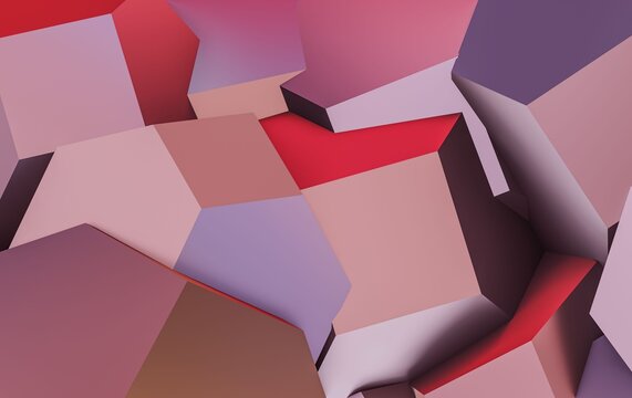 Abstract 3D geometric background with overlapping pastel pink and red cubes, modern minimalist cube pattern with soft shadows and vibrant colors