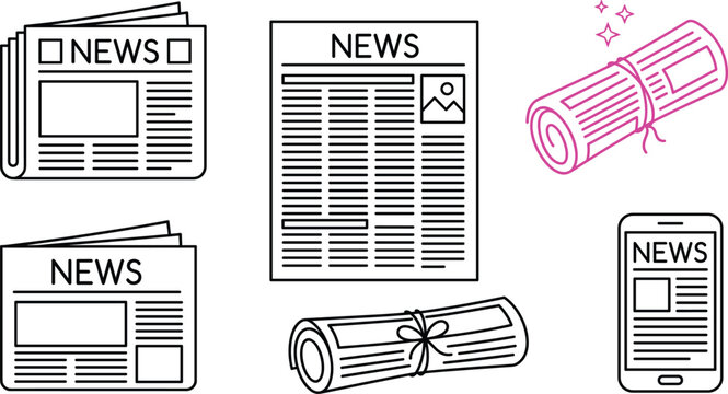 Newspaper media journal line icon set with daily news press paper roll smartphone app and digital article symbol