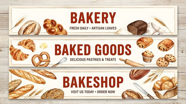 Baking banner collection featuring watercolor illustrations of artisan bread and sweet pastries.