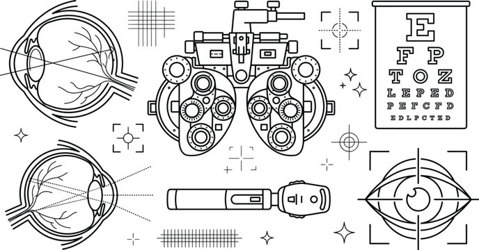 Ophthalmology eye care line icon set with phoropter vision test chart cross section eyeball anatomy and optometry equipment