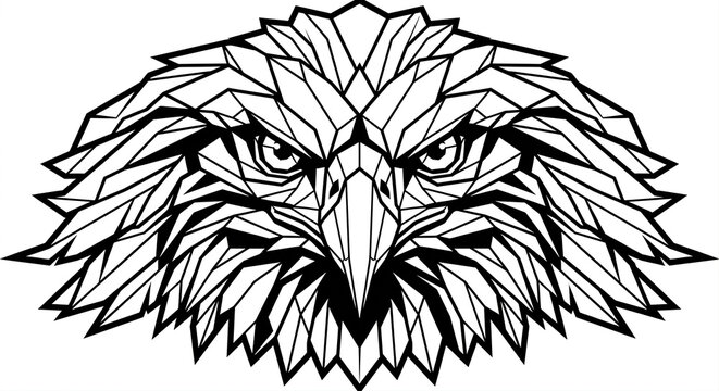 A symmetrical front view of an eagle head silhouette designed in a modern geometric style using bold angular polygonal lines with a fierce piercing stare isolated on a white background.