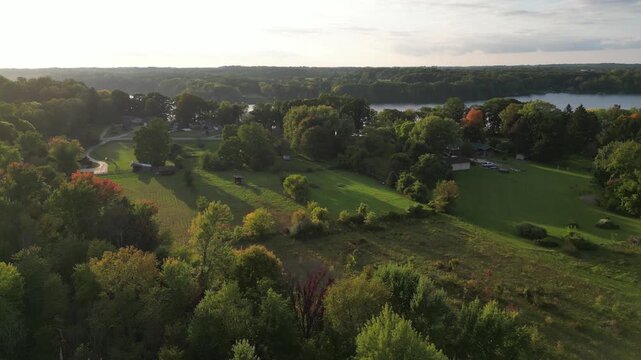 Aerial over Berrien Springs, in Berrien County, Oronoko Charter Township, Michigan, United States. A rural community. Lake Chapin, a dammed lake along the St. Joseph's River.