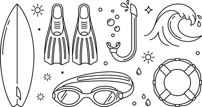 Summer water sports line art vector icon illustration with surfboard flippers snorkel goggles wave and ocean lifebuoy elements