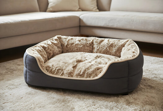 Pet care and comfort, cozy dog bed with soft plush interior on a living room rug for domestic animal relaxation and home interior design lifestyle