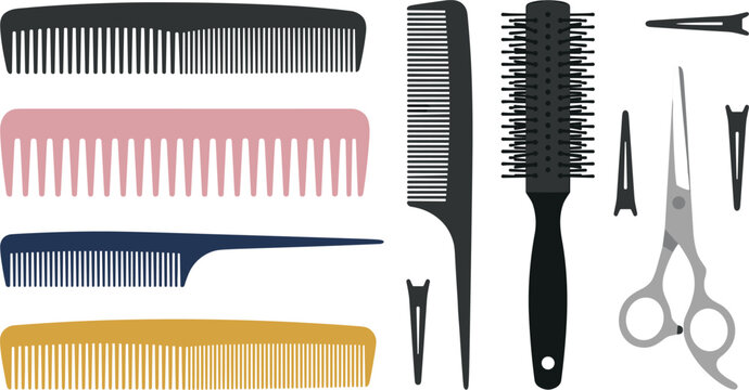 Hair salon tools vector set featuring professional barber scissors round brush plastic comb collection and hairdressing clips