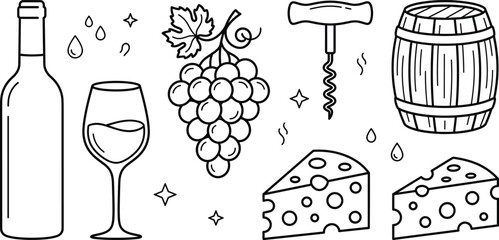 Obraz premium Wine element line art vector icon set of bottle glass grapes corkscrew barrel and cheese slice clip art