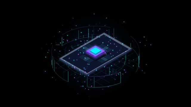 Glowing isometric tablet showing powerful central CPU processor with digital data flow on black