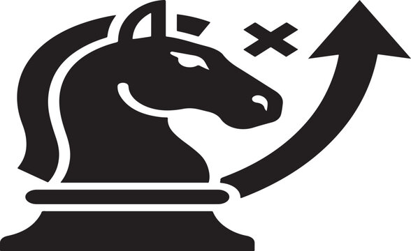 Knight chess piece icon with an upward trending arrow representing strategic movement and growth business strategy checkmate icon competitive advantage game plan tactical movement corporate stra
