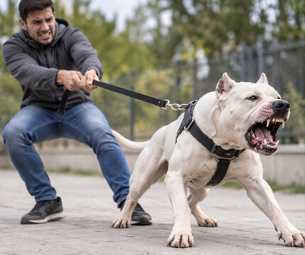 A man restrains a strong white dog pulling forward on a leash in an outdoor setting, representing dog training, leash control, reactive behavior, strength, and responsible pet handling.