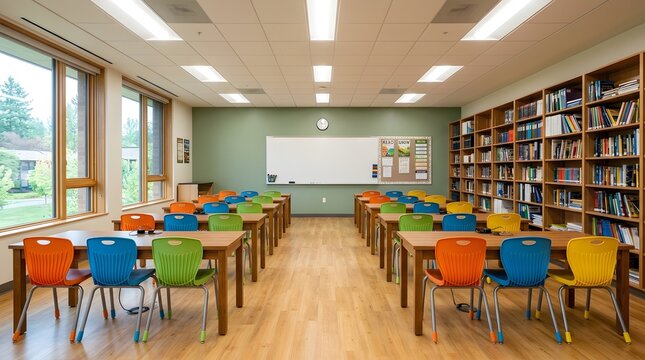 Bright modern school classroom with empty wooden desks and colorful chairs classroom interior school room