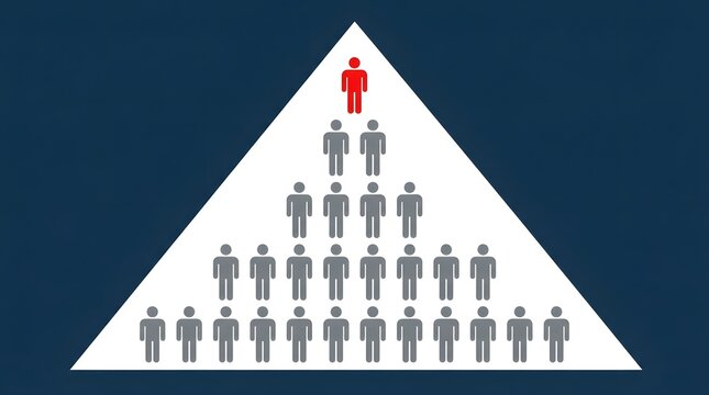 Hierarchy concept with a single red person silhouette atop a white triangle pyramid scheme management str