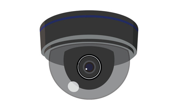 Ceiling-mounted dome CCTV security camera vector illustration with dark casing, glass lens sphere, and blue accent stripe