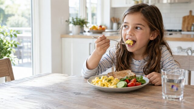 Young girl eats scrambled eggs and vegetables at a wooden table in a bright kitchen, with a glass of water and fresh produce visible in the background