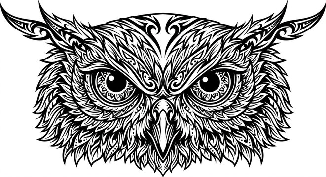 A symmetrical front view of an owl head silhouette designed in an intricate tribal ornamental style featuring dynamic flowing jagged feather linework isolated on a white background.