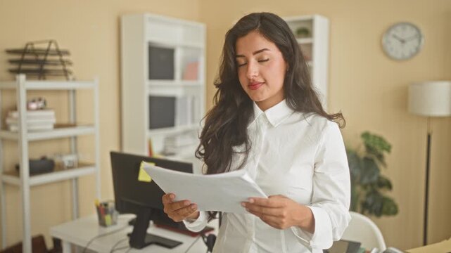 Woman holding and reading documents with hands in an office building workspace; professional confidence.