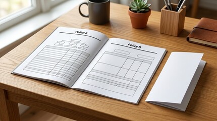 Obraz premium Insurance Policy Comparison Desk with Printed Summaries – Insurance Policy Comparison Concept