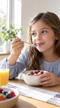 Young girl smiles while eating mixed berries from a bowl, with a glass of orange juice on a wooden table and sunlight streaming through a window