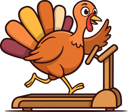 Funny cartoon turkey running on a treadmill to stay healthy and fit during autumn holidays season