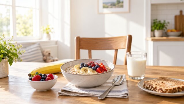 Breakfast scene featuring a bowl of oatmeal with berries and banana, a glass of milk, toast, and a banana on a wooden table in a sunny kitchen