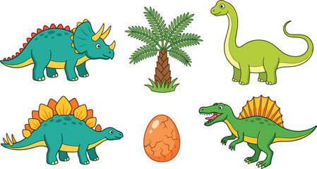 Cute Cartoon Dinosaur Vector Set with Triceratops, Stegosaurus, Brontosaurus, Spinosaurus, Egg, and Palm Tree for Kids Designs © SM
