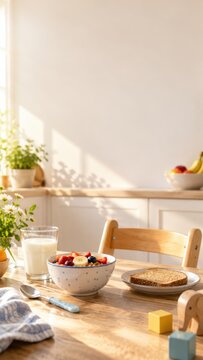 Breakfast scene featuring a bowl of fruit, whole grain toast, and a glass of milk on a wooden table in a sunlit kitchen