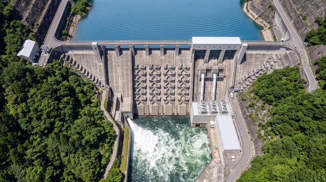 Hydroelectric Dam Releasing Water from Mountain Reservoir
