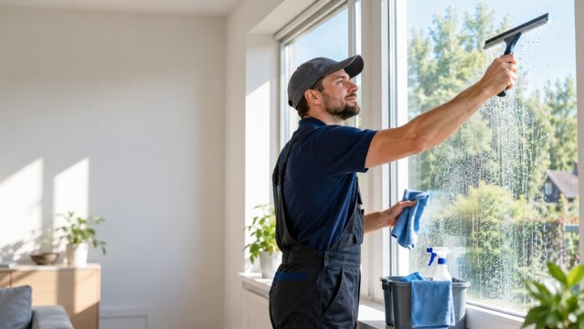 Man in black work attire cleans a window with a squeegee in a well-lit room featuring indoor plants and cleaning supplies nearby