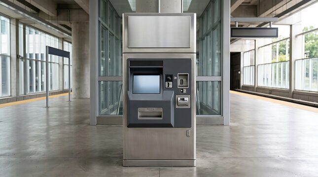 Modern automated ticket vending machine with a prominent blank screen for digital advertising, located on a quiet urban train station platform
