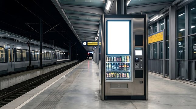 Photorealistic train station platform with a modern blank digital kiosk vending machine for advertisement mockup
