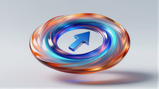 Vibrant swirling colors encircle a sleek blue arrow, symbolizing dynamic motion and direction.
