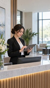 Businesswoman in professional attire interacts with a tablet at a stylish hotel reception desk, surrounded by contemporary decor and natural light