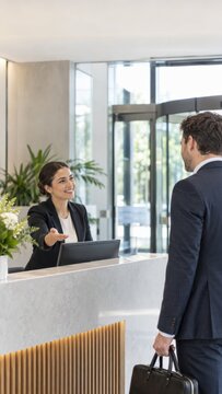 Woman receptionist in a black suit welcomes a businessman at a hotel front desk, featuring plants and large glass doors in a contemporary lobby