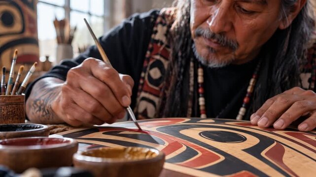 Indigenous artisan painting a traditional geometric artwork by hand, highlighting Native American heritage, cultural preservation, craftsmanship, creativity, education, and community.