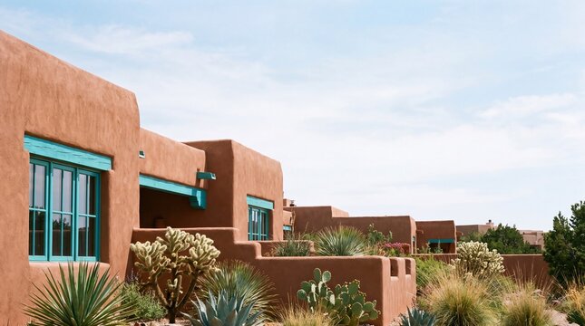 Southwestern Pueblo Adobe Style Buildings with Desert Garden