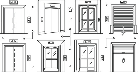 Elevator lift door line icon set with open closed glass entrance garage rolling shutter up down button symbols © Vactor Itbd